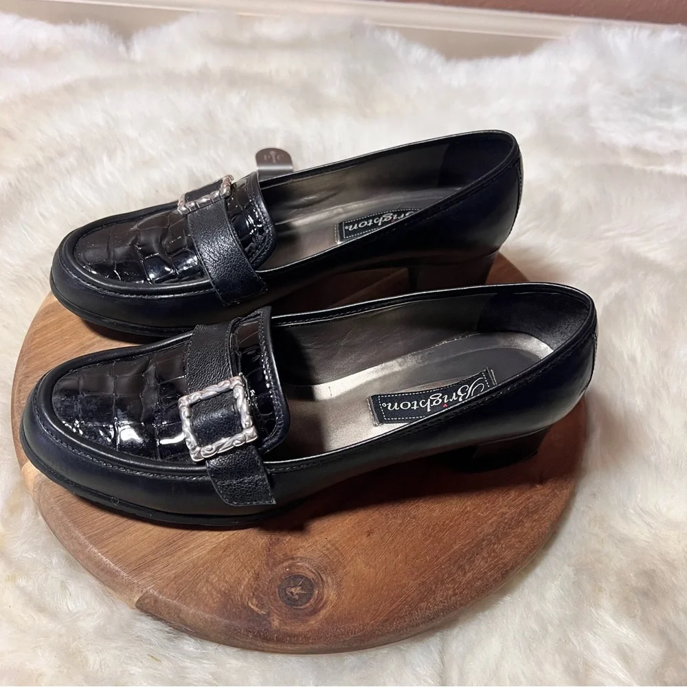 Brighton Women's Classic Black Leather Loafers with Block Heel Size 7.5